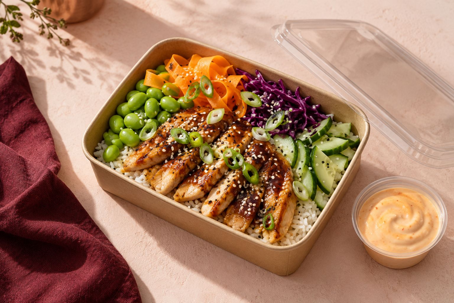 Chicken Poke 40: soy and ginger chicken, edamame, carrot, red cabbage and cucumber over basmati in a kraft bowl, with a pot of sriracha yoghurt mayo