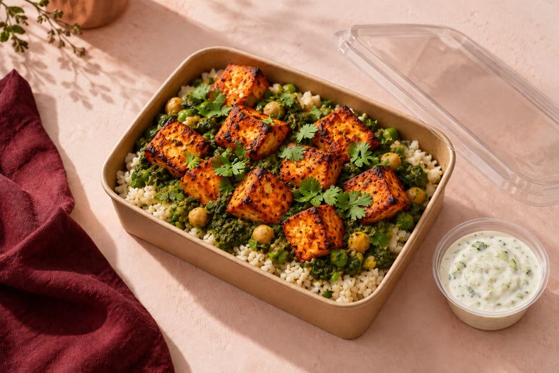 Paneer Tikka 40: charred tandoori paneer and chickpeas in spinach and pea masala over cauliflower rice, with cucumber raita